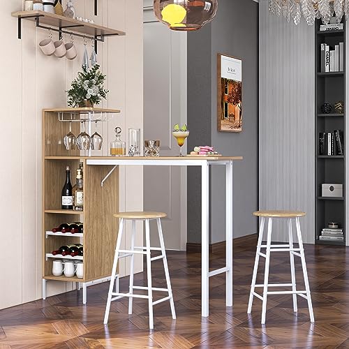 COSTWAY Table Haute Cuisine avec Tabouret, Mange Debout Industriel avec Porte-Verre Porte-Bouteilles, Table Bar avec Tabouret 2 Personnes Compact pour Cuisine...
