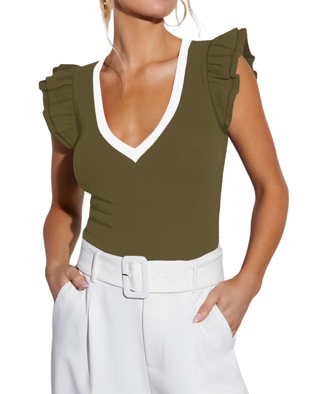 Ezbelle Women's Summer Sleeveless Tops V Neck Ruffle Shirts Knit Ribbed Tank Top Sexy Blouse