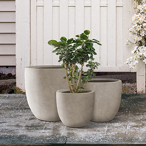 Image of Kante Set of 3 Weathered Concrete Bowl Round Planters for Modern Home