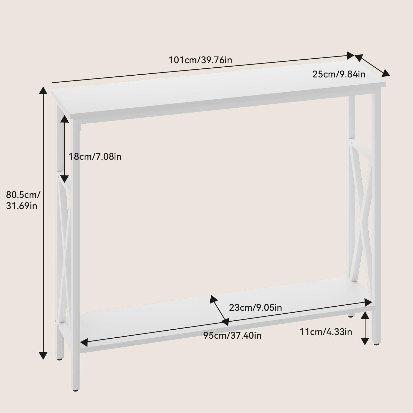 YMYNY Tavolo Consolle, Consolle Ingresso, Struttura Stabile in Acciaio, La piastra può essere regolata verso l'alto e verso il basso, per Soggiorno, Corridoio, 101×25×80.5CM Bianco HST007W