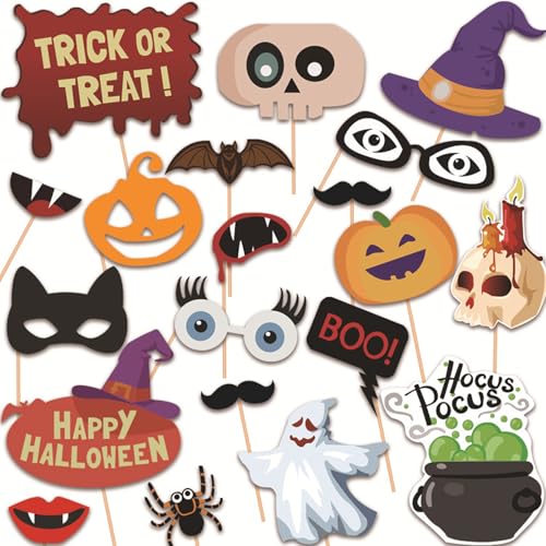 20pcs Halloween Photo Booth Props Sign Kit Pumpkin Bat Eyes Beard Ghost Skull Spider Witch Hat Colorful Exquisite Party Decoration Supplies for Halloween Party Decoration