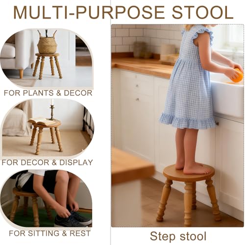 Image of 100% Solid Wooden Step Stool, Small Wooden Stool for Adults, Wood Plant Stools, Small Round Stool for Bathroom, Kitchen, Bedroom, Plant Stand