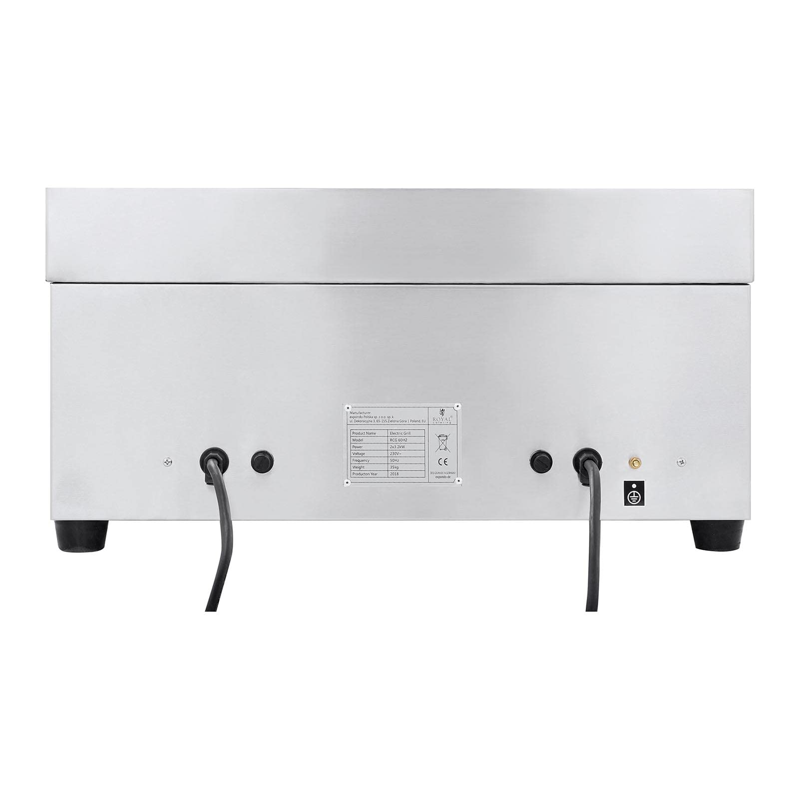 Royal Catering RCG 60H2 grill elektryczny, podwójna płyta grillowa (długość: 60 cm, 2 x 3200 W, gładka powierzchnia grzewcza, 2 strefy grzewcze, ochrona przed pryskaniem i odpływ)