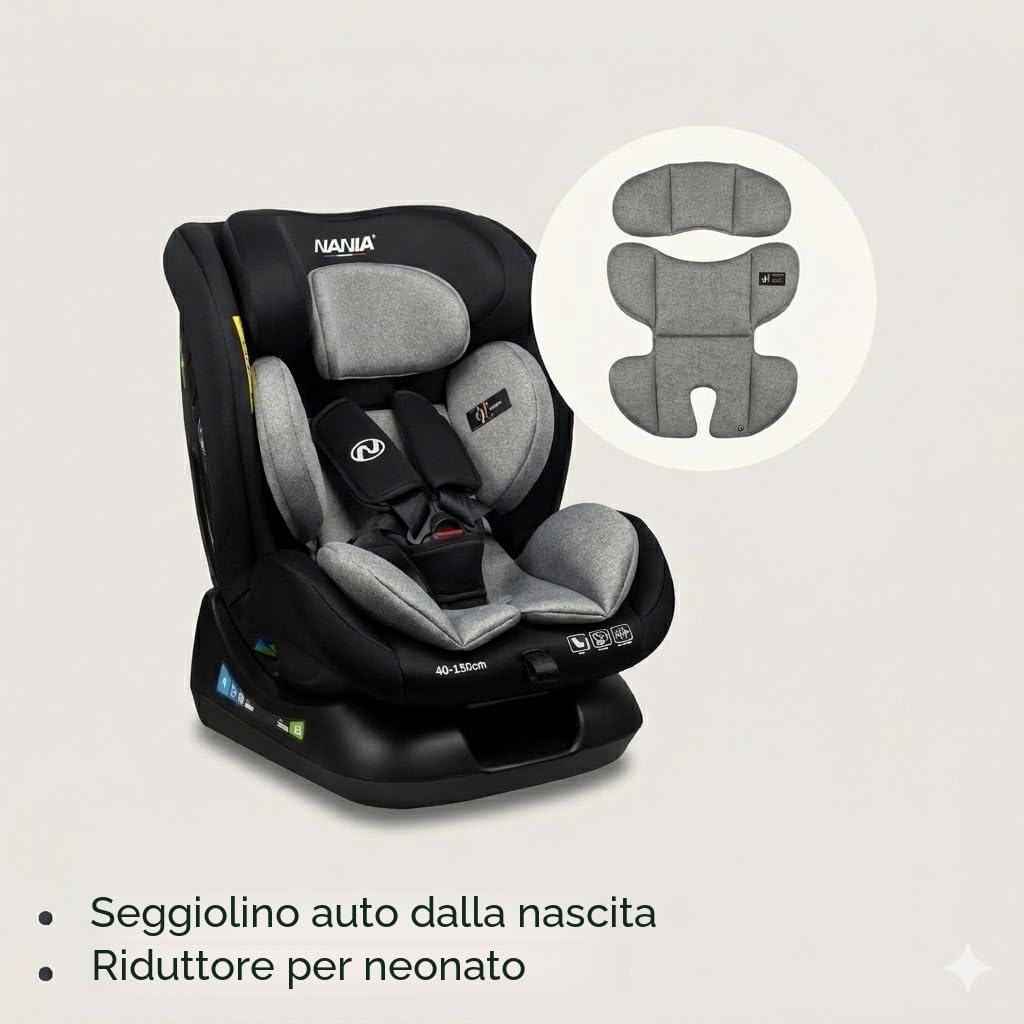 Nania Prato, seggiolino auto per bambini, I-Size, 40-150 cm, evolutivo dalla nascita, fino a circa 12 anni, fissaggio cintura di sicurezza, poggiatesta e inclinazione regolabili, supporto lombare e