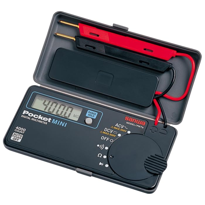 Sanwa PM7A Pocket Mini Digital Multimeter open, showing display, dial, and integrated test leads