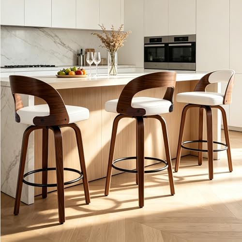 Image of Swivel Bar Stools Set of 3, 26 inch Counter Height Bar Stools with Curved Backrest, Mid-Century Modern PU Fabric Modern Island Chairs with Footrest, for Kitchen, Bar, Restaurant, Cafe, White