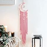 Macrame Moon Dream Catcher for Girl, Pink Boho Crescent Dreamcatcher for Bedroom Adult, Handmade Kids Nursery Room Wall Hanging with Star Pendant for Teen, Bohemian Home Decoration Idea