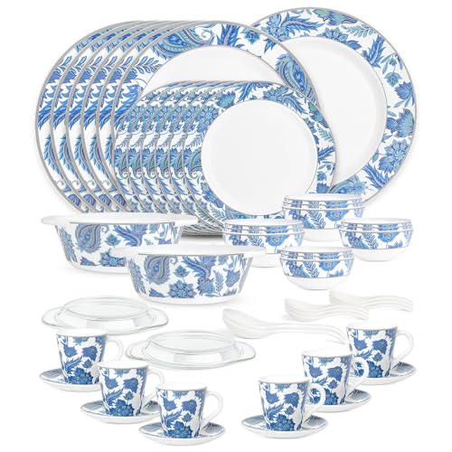 Image of Larah by Borosil 49pc Opalware New Iris Dinner Set for Family of 6 | Microwave & Dishwasher Safe Crockery Set for Dining & Gifting | Plates & Bowls
