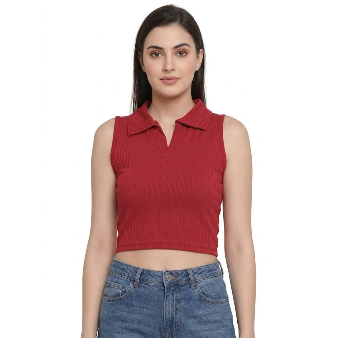 Women’s Sleeveless Ribbed Crop Top, Collared Neck Slim Fit Stylish Crop Top for Women & Girls, Casual Office Fashion Top-image-47