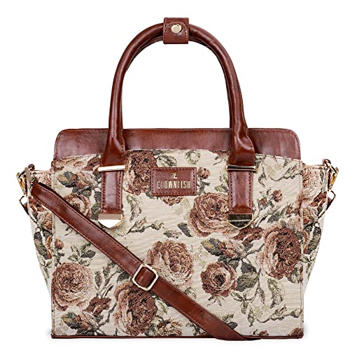 THE CLOWNFISH Zella Tapestry & Faux Leather Handbag for Women Sling Bag Office Bag Ladies Shoulder Bag with Shoulder Belt Tote For Women College Girls (Brown- Floral) (B0BNQ22XBS) Amazon Price History, Amazon Price Tracker