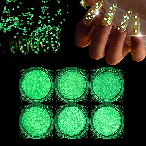 BISHENGYF 6 Boîtes Lumineuses Nail Art Paillettes, Holographie 3D DIY Nail Glitter Sequin Grandir dans l'obscurité avec Star Heart, Fleur, Hexagone, Formes de Lune pour Nail Art Manucure Décoration Cover
