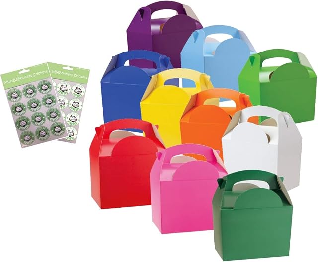 MustBeBonkers® 15 Childrens/Kids Plain Coloured Carry Food Meal Birthday Party Box Loot Bag Boxes - Size: 152mm x 100mm x 102mm with Sticker Seals (Variety of Colours)
