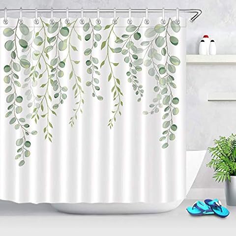 ECOTOB Green Leaves Shower Curtain for Bathroom, Spring Watercolor Plant Floral Round Eucalyptus Green Leaf Fabric Bathroom Decor Set with Shower Curtain Hooks, 72x72 Inch Cover