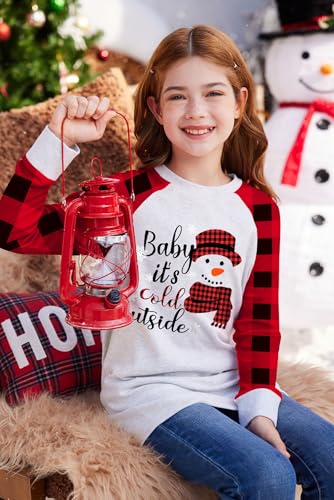 Image of BesserBay Girl's Christmas Buffalo Plaid Raglan Top Funny Holiday Graphic Shirt 4-14 Years