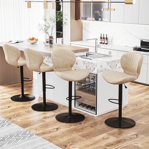 Image of Waleaf Modern Adjustable Bar Stools Set of 4, Faux Leather Upholstered Swivel Counter Stools, Counter Height Bar Stools with Large Base, Easy 5 Minute Assembly for Kitchen Island (Beige, Set of 4)