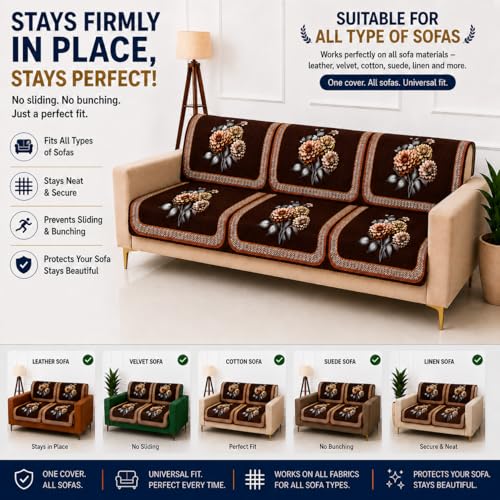 Image of Homerz 'Brooklyn Series' Premium Sofa Cover | Quilted Floral Design | Non-Slip Washable Sofa Protector | Soft Anti Slip Fabric (Brown, 6 (3+2+1) Seater, Seat Cover with Backrest)