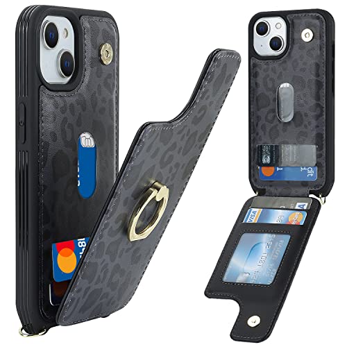 Image of for iPhone 13 Case with Card Holder for Women,Phone Case with Strap,Crossbody Lanyard,RFID Blocking,Ring Stand,Snap Clasp,Cute Wallet Cases for iPhone 13(6.1 inch,Black Leopard)