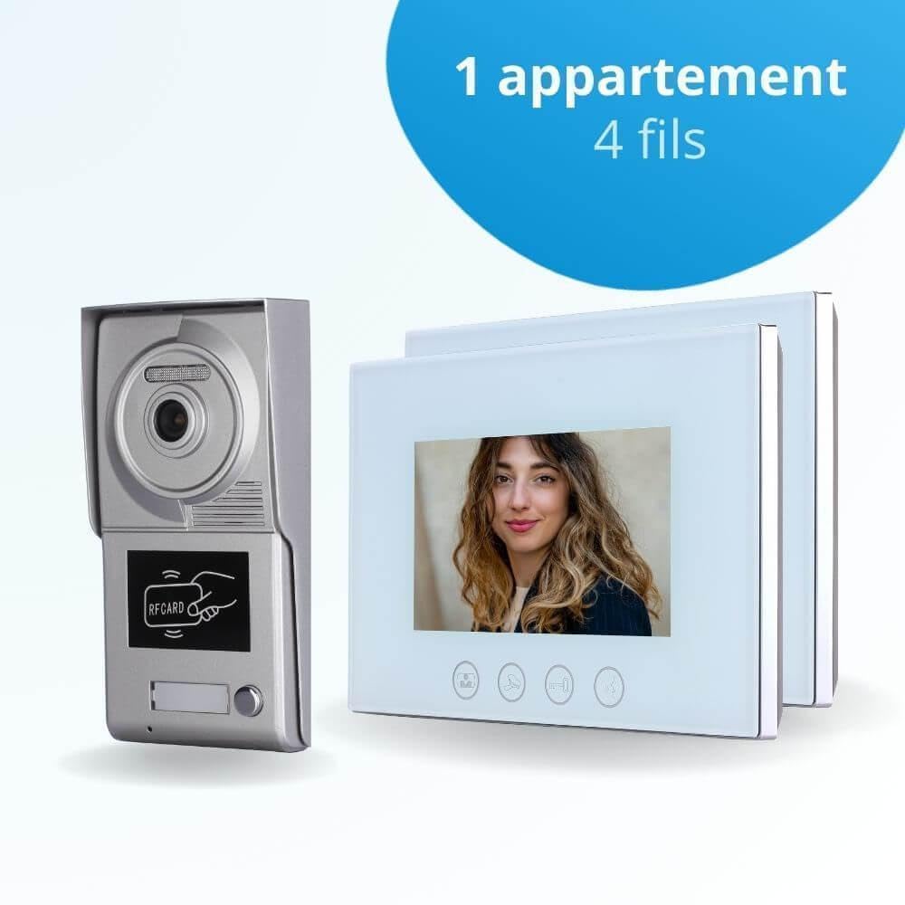 Portier interphone vidéo Classic 4 Fils - 1 Appartement - 2 écrans Blancs 7" - avec mémoire Photos - avec Lecteur de Badge
