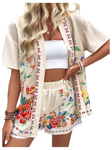 MakeMeChic Women's 2 Piece Beach Outfit Floral Open Front Kimono Cardigan and Shorts Matching Set
