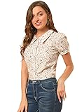 Allegra K Women's Puff Sleeves Turndown Collar Button Down Floral Blouse Small White