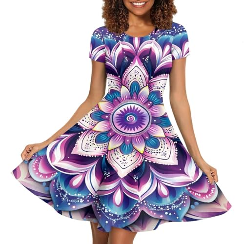 Image of POLERO Sunflower Dress for Women Floral Summer Dresses Short Sleeve Casual Sundresses Midi Dresses