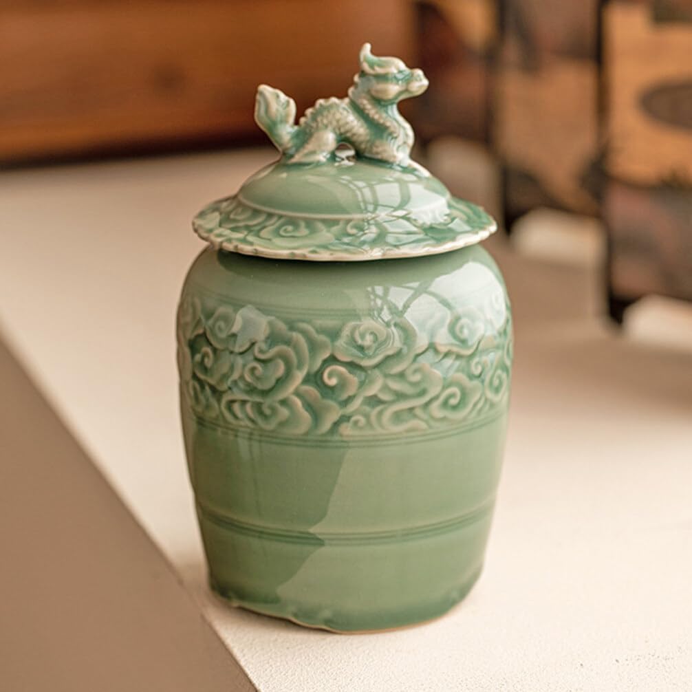 PRETYZOOM Retro Green Tea Jar 500ml Chinese Ceramic Loose Tea Container with Dragon Lid Covered Porcelain Canister Food Storage Can Box for Sugar Coffee Dry Fruit