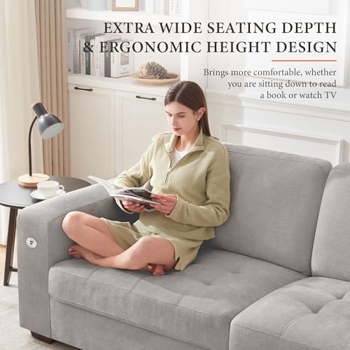 Image of Ihanherry Modern Sofas 2-Seater Couches for Living Room, Chenille Sofas with Extra Large Seat Width & Depth, USB /Type-C Charging Port & Side Pocket, Removable Medium Firm Sofa Cushion(89inch, Grey)
