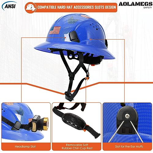 Aolamegs Safe Bright Blue Carbon Fiber Pattern Full Brim Hard Hat with Visor -Vented Hard Hats Construction OSHA Approved for Men Adult, Reflective Safety Helmet with Chin Strap,6-Point Suspension