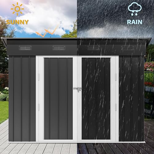 Image of DWVO 9' x 4' Outdoor Storage Shed, Lockable Double Doors, Sloped Roof, Heavy-Duty Steel Shed for Garden & Patio, Large Backyard Tool Organizer, Dark Gray