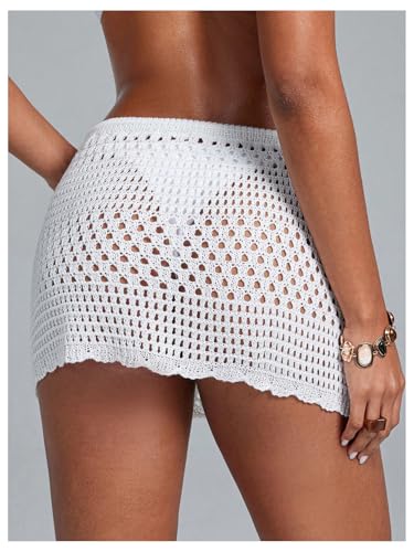 Women's Crochet Hollow Out Beach Skirts Knit Drawstring Front Sheer Mesh Swimsuit Coverups3