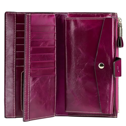 Image of Itslife Womens Wallet RFID Blocking Large Capacity Luxury Wax Genuine Leather Wallets Clutch Wallet Ladies Card holder, Fuchsia