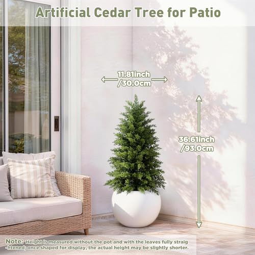 Image of 2 Pack 3ft Artificial Cedar Trees for Outdoors (UV Resistant), Potted Faux Cedar Topiary Plants for Front Porch, Realistic Evergreen Shrub for Entryway & Patio Decor