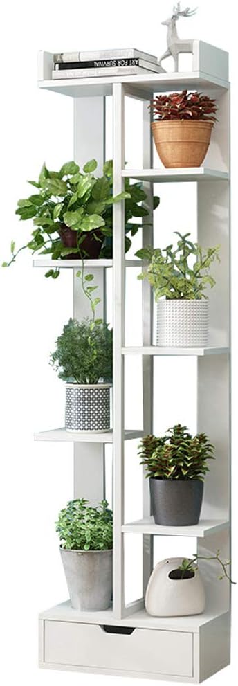 Tall Plant Stand Indoor or Outdoor Modern Wrought Iron Flower Stand Wood and Metal Flower Pot Holder Potted Rack for Garden Patio Living Room Bonsai Decor, White