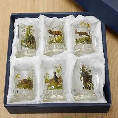 6 teiliges Schnaps Krügle Krügerl Gläser Set mit farbigen Jagdmotiv - 2 cl -