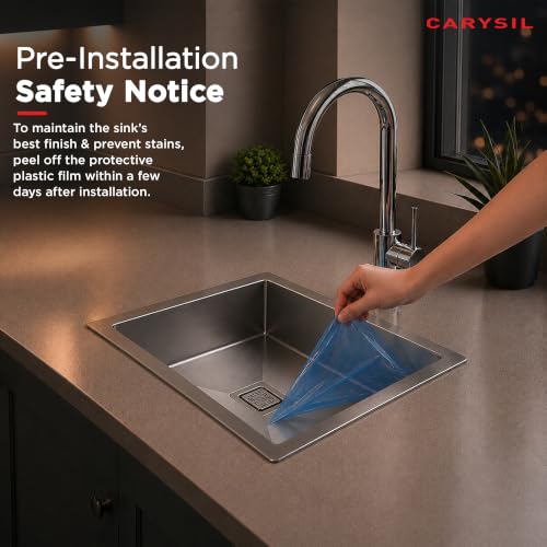 Image of Carysil Micro Radius R10 Handmade 304 Stainless Steel Sink 21x18x8 Inches, 10mm Corner Radius, Single Bowl, Deep Bowl, Sloping Drain, SS Coupling, Special Padding & Anti-Condensation Undercoating