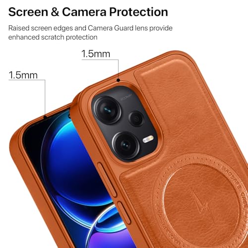 Image of Vaku Luxos Maxtron Back Cover Case for Xiaomi Redmi Note 12 Pro Leather Stitched Magnetic Magsafe TPU Shockproof Case Camera Screen Protector- Brown