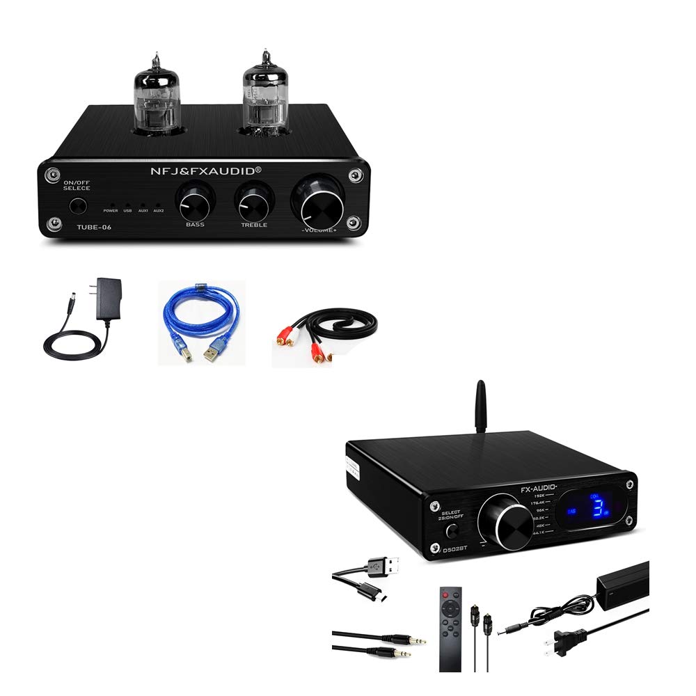 FX AUDIO 6N3 Tube Preamp + Bluetooth Amplifier, Tube 06 Preamp with Sound Card and D802C PRO Home Au