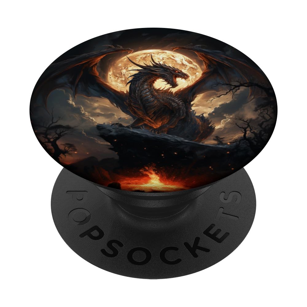 Dark Graphic Dragon Moon PopSocket – Klebender PopGrip Für Handys Mit Coolem Drachen-Mond Design | Wechselbar Und Handlich