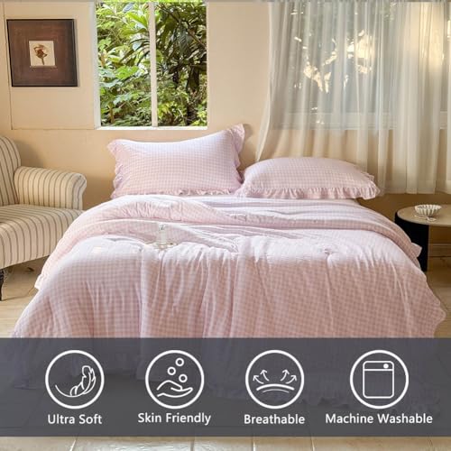 Image of NSNLGSGC Pink Ruffle Gingham Comforter Set King, Pre-Washed Ruffled Plaid Checked Comforter Bedding, 3 Pieces Vintage Farmhouse Grid Bedding Set(Pink Gingham, King)