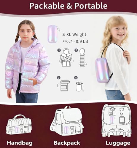 Enlifety 4-12T Girls Winter Coat Packable Lightweight Hooded Puffer Jacket4