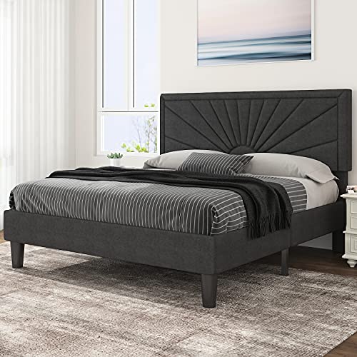 Einfach Full Size Upholstered Platform Bed Frame with Sunrise Headbaord / Mattress Foundation with Wood Slat Support / No Box Spring Needed / Easy Assembly / Dark Grey