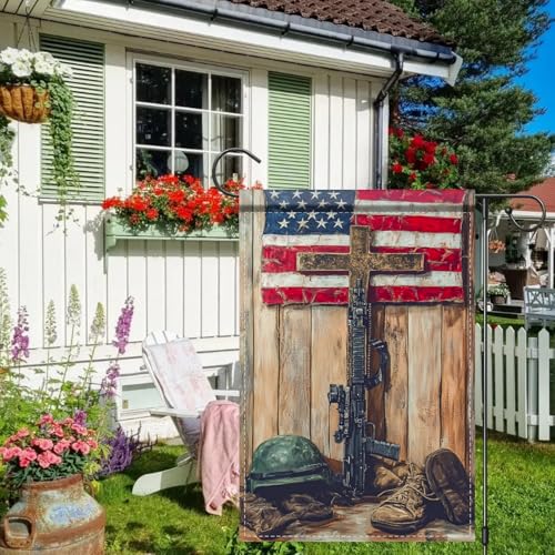 Image of Nuxovilar Veteran Garden Flag Rifle Boots Cross 12x18 Inches Polyester | Patriotic Flag, Memorial Banner veteran garden sign, military boots cross display yard, porch, lawn (Patriotic)