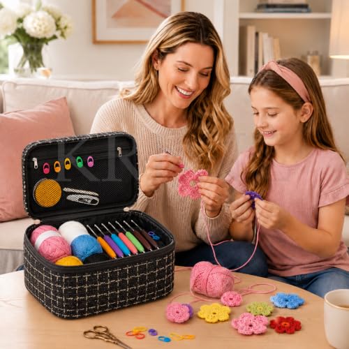 Image of KRENZ 59 Pcs Crochet Kit Set For Beginner Adults Kids Starter Kit Crochet Needles Set Crochet Kit Include 6 Yarn Crochet Hooks Stitch Markers Storage Bag All In One Crochet Hook Set With Crochet Yarn (Black Gold Chex)