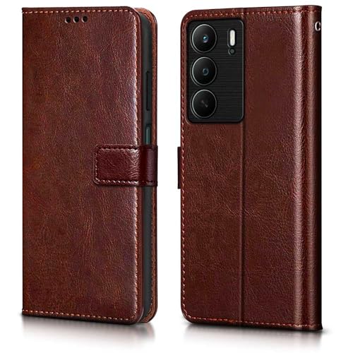 Image of WOW IMAGINE Shock Proof Flip Cover Back Case Cover for Realme C75 | Realme C73 | Narzo 80 lite 5G | P3 Lite 5G (Flexible | Leather Finish | Card Pockets Wallet & Stand | Brown)
