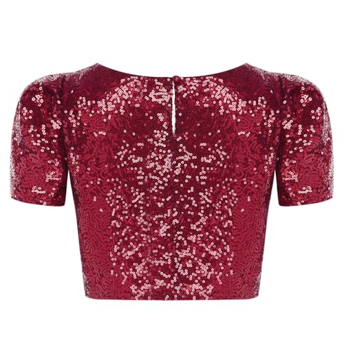 renvena Girls Sequin Crop Tee Top Short Sleeve Round Neck Flower Shirt Sparkly Glitter Concert Outfits2