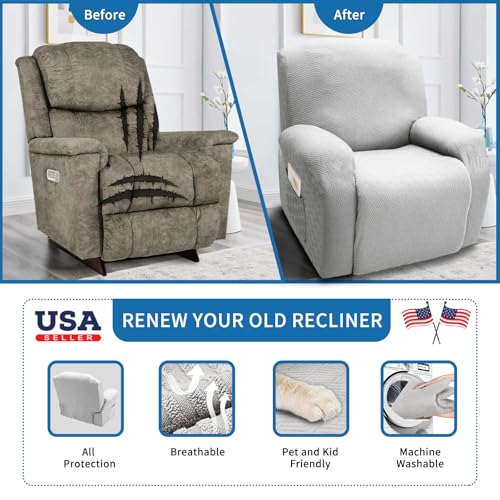 XINEAGE 4-Piece Recliner Cover Stretch Jacquard Slipcover with Pocket, Washable Recliner Chair Protector for Kids, Pets, Dogs, Cats (Silver Grey)
