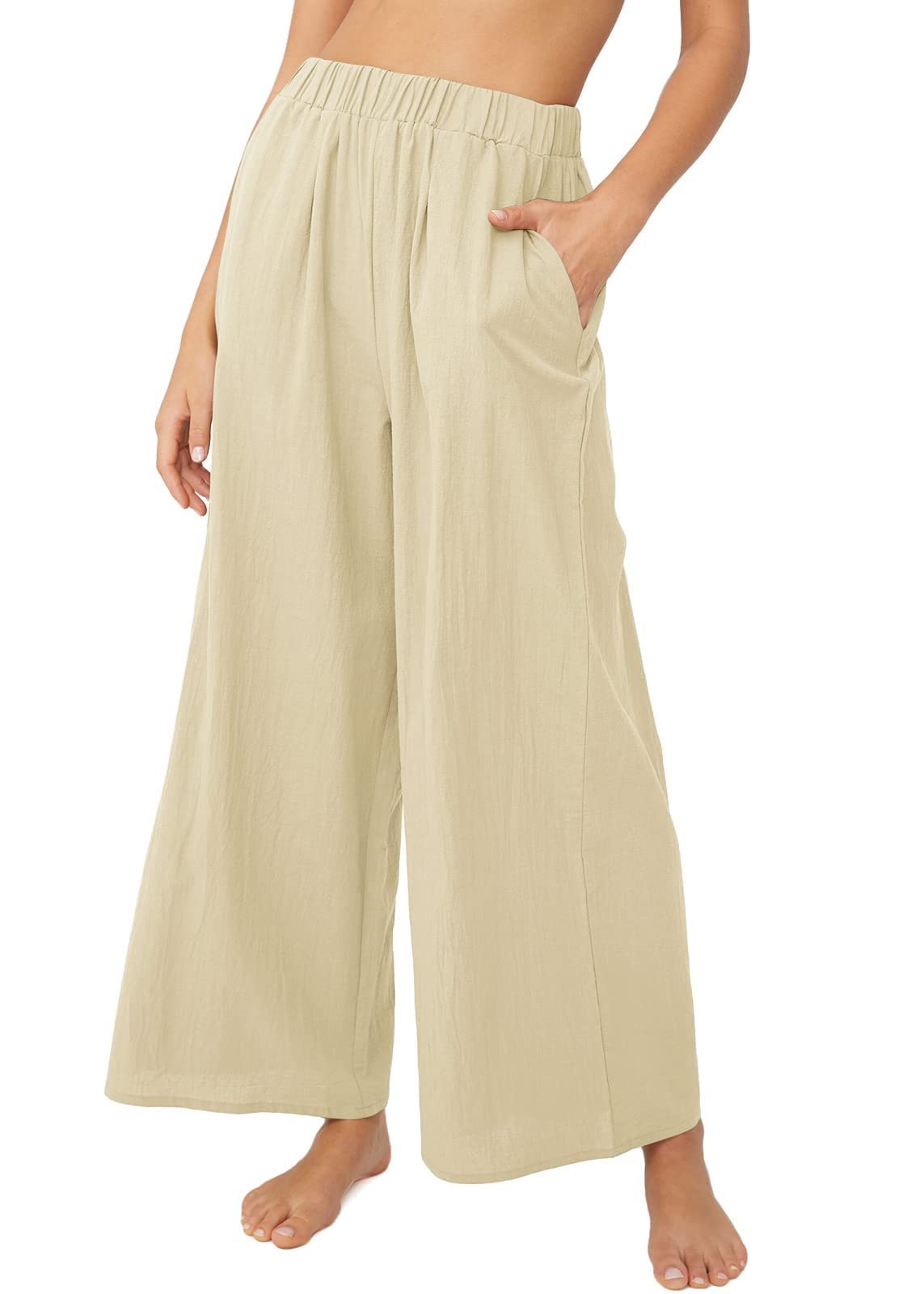 CHARTOU Womens Summer Beach Casual Cotton Linen High Rise Wide Leg Loose Palazzo Pants
