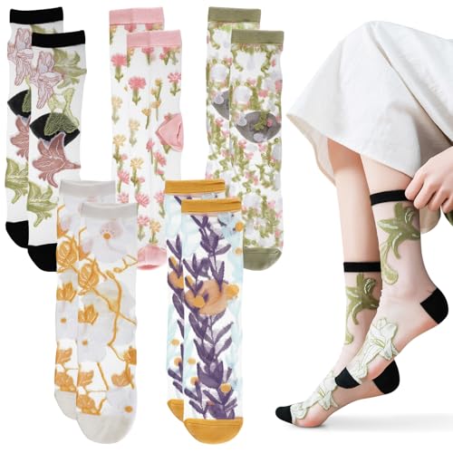 5 Pairs Sheer Socks Women - Lace Trouser Mesh Socks, Summer Ultrathin Crystal Glass Stocking, Sheer Ankle Transparent Fishnet Vintage High Mid Calf Sock for Girls Women Green Yellow Black White Pink