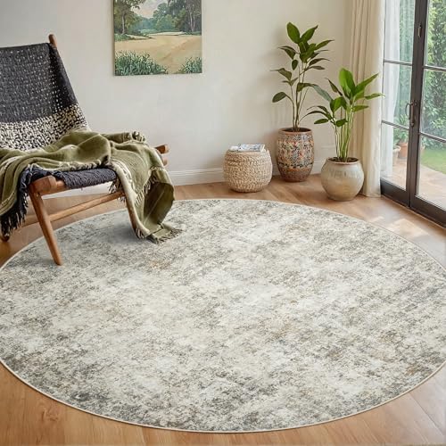 Round Rug 5ft Circle Rug Washable: Carpet Small Circular Area Rug for Entryway Kitchen Bedroom Dining Room Living Room 5 Feet Abstract College Dorm Non Slip Low Pile Beige Brown