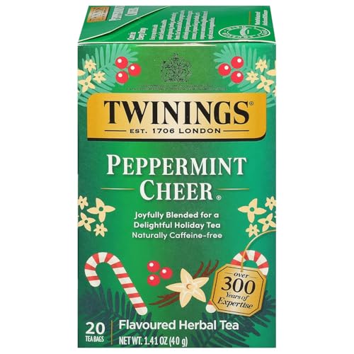 Twinings Tea - Peppermint Cheer, Special Edition Peppermint Tea Flavoured with Vanilla, Naturally Caffeine-Free Herbal Tea Bags Individually Wrapped, Holiday Tea Gifts, 20 Count